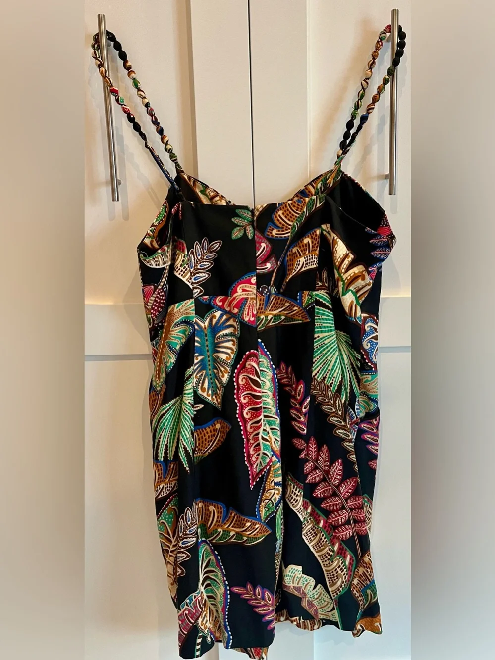 FARM Rio Tropical Leaf Mini Dress Beaded Strap Black Multicolor NWOT - Size L - Picture 4 of 7
